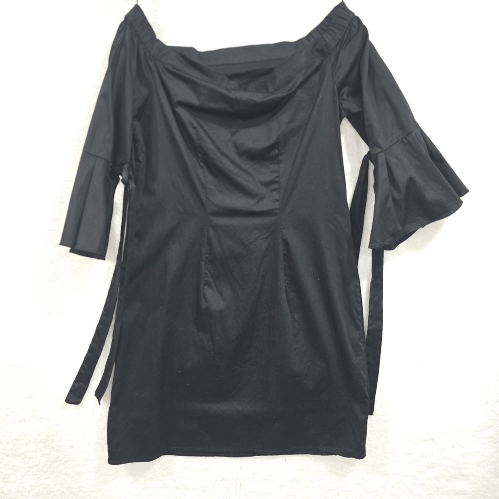 H&M Women's Black Off-The-Shoulder Short Dress 3/4 Bell Sleeves With Ties Size 6 - Picture 2 of 8